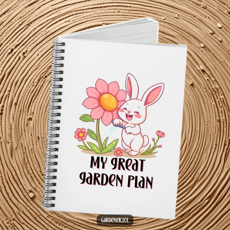 Funny notebook featuring a happy rabbit character gleefully watering a giant, smiling flower, ideal for journaling garden plans or funny notes.
