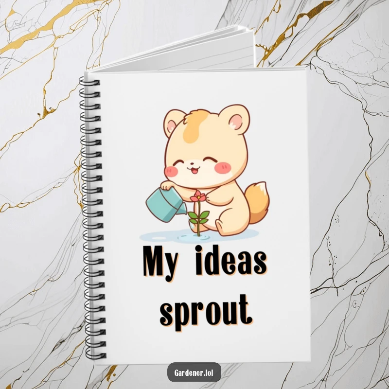 Funny Notebook with a cute animal character watering a smiling flower sprout, inspiring users to write down ideas with a focus on growth and nature.