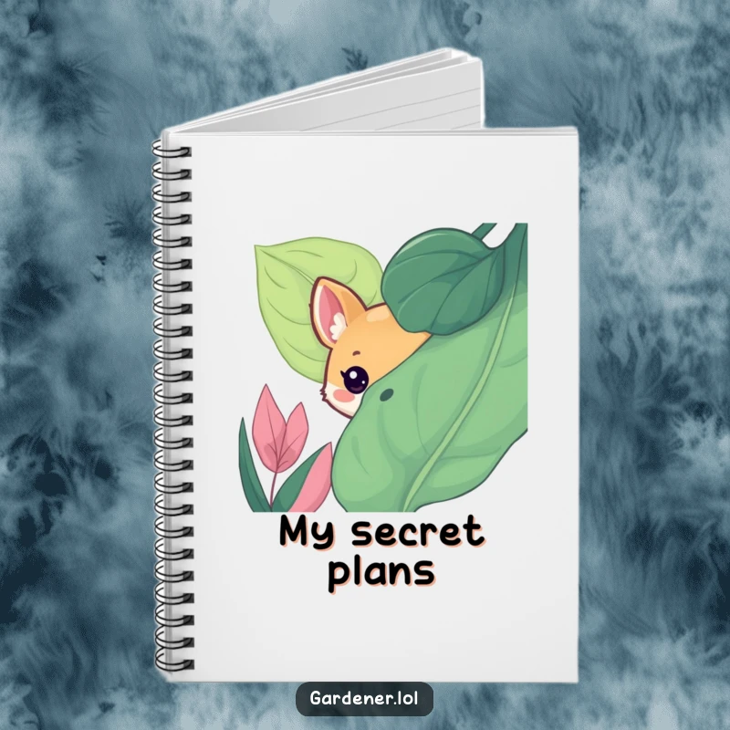 Funny notebook cover with a cute animal character playfully peeking from behind a large, lush leaf, perfect for jotting down curious thoughts.