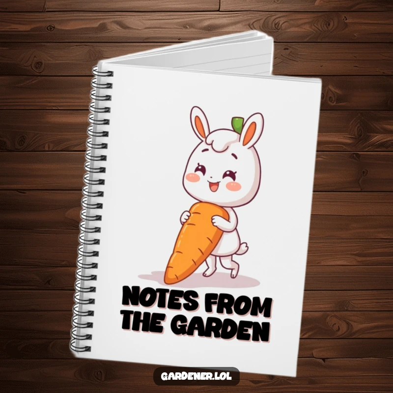Funny notebook with a smiling character pulling an enormous carrot from the earth, inspiring garden ideas.