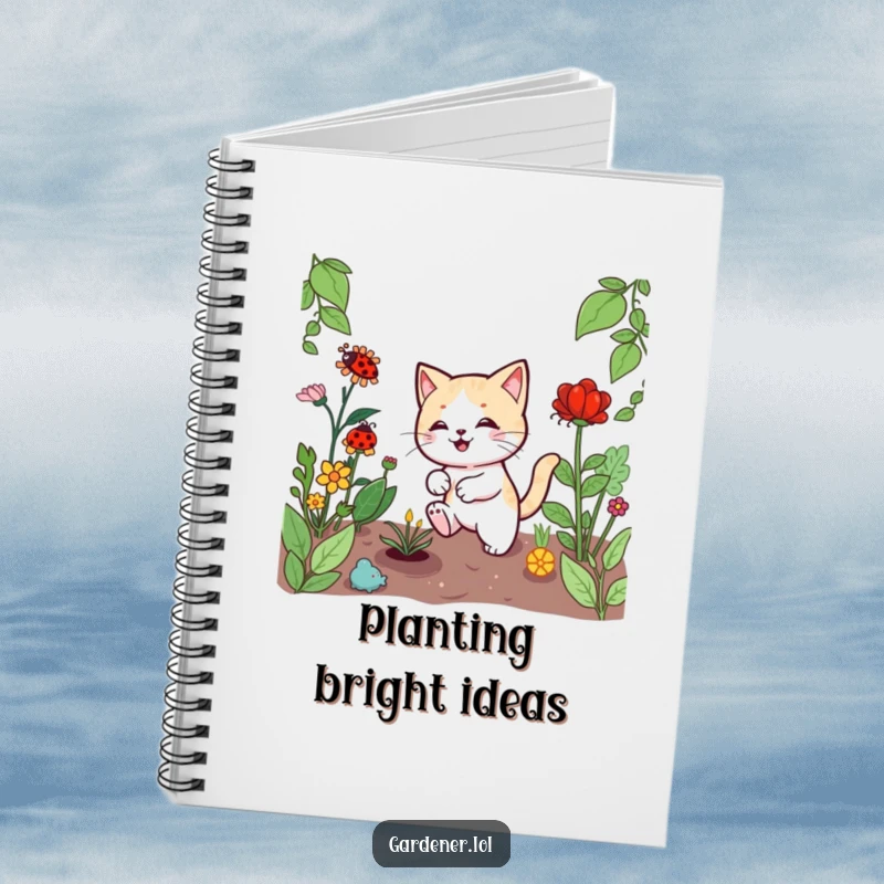 Funny Kawaii cat gardener notebook cover, featuring a playful cat chasing a ladybug among plants, ideal for creative note-taking.