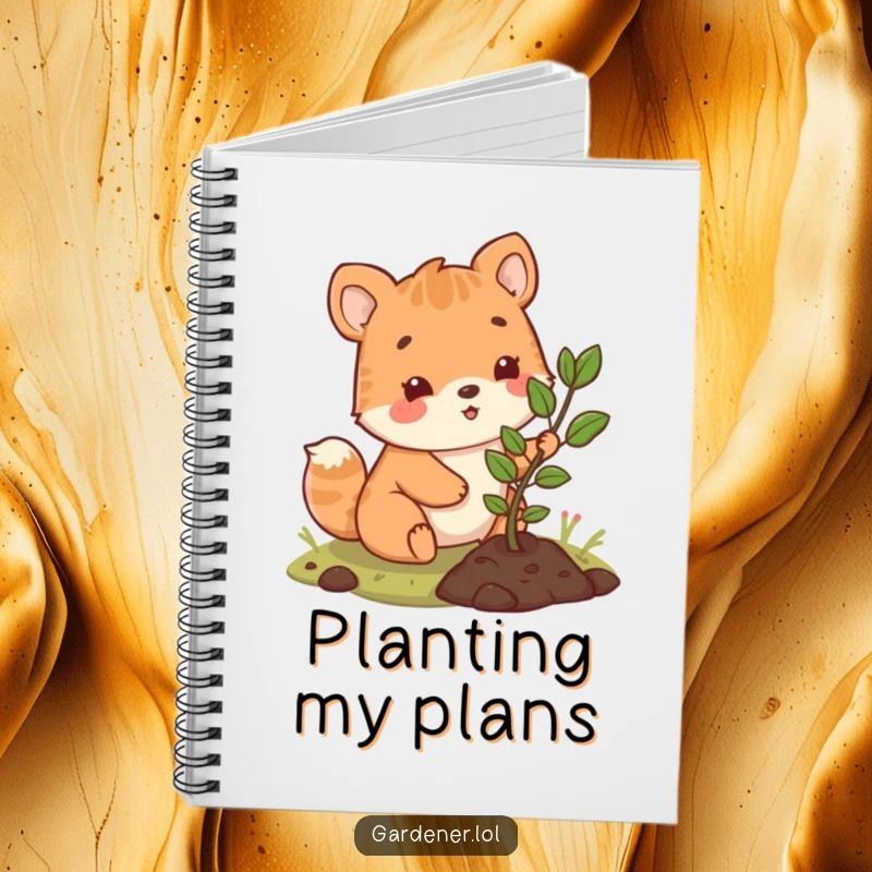 Funny notebook with a cute animal character happily planting a small sapling, great for jotting down ideas and daily reflections.