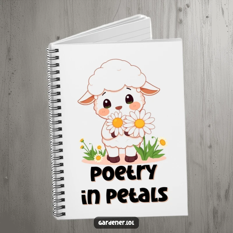 Funny Kawaii sheep gardener notebook, a cheerful sheep smelling a large daisy, for notes and journaling.