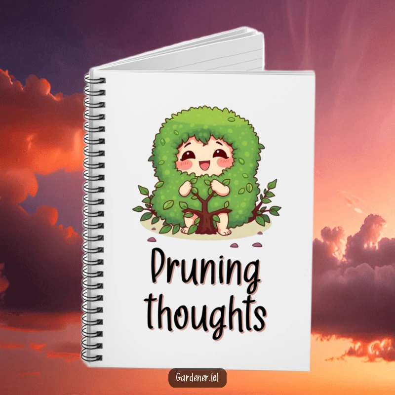 Funny notebook featuring a character gleefully pruning a bush with a focused expression, perfect for garden planning.