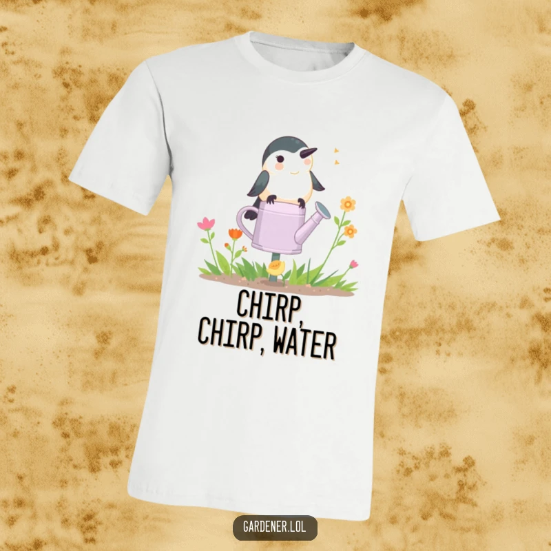 Funny Chickadee Gardener T-Shirt: A cheerful chickadee sits on a watering can, singing happily among garden blooms.