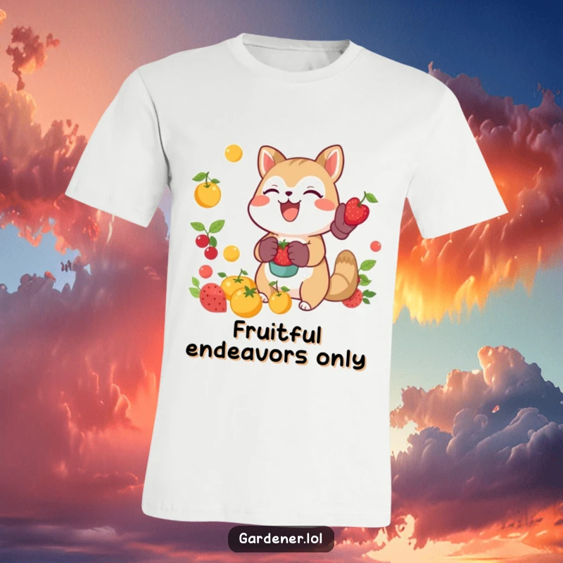 Funny joyful animal catching falling fruit with gardening gloves, cheerful harvest t-shirt, outdoor nature apparel.