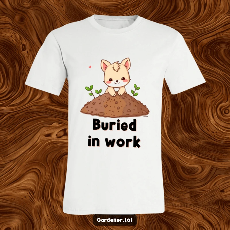 Funny t-shirt with an animal character playfully digging in a giant pile of soil, celebrating hard work and joyful dedication.