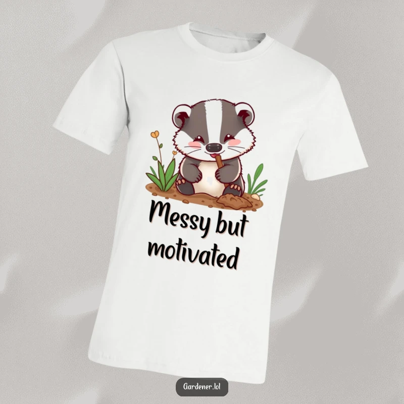 Funny t-shirt: An enthusiastic badger gardener with dirt on its nose digs happily, embodying the spirit of hard work and fun.