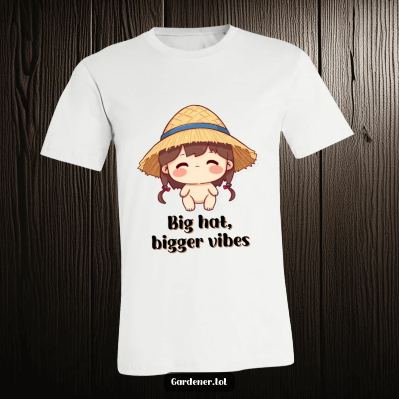 Funny t-shirt with a character sporting a straw hat that is a bit too large, looking endearingly silly.
