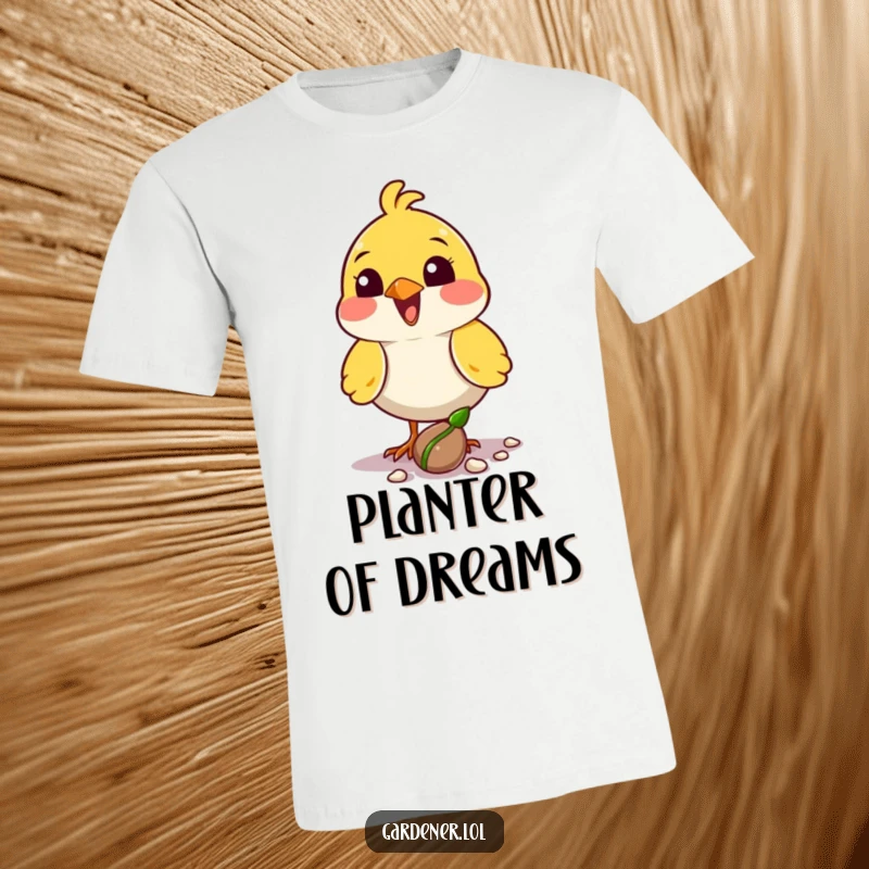 Funny bird planter t-shirt showing a delighted character planting a seed with its beak, perfect for growth enthusiasts.
