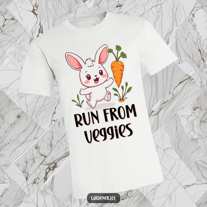 Funny Kawaii Bunny T-Shirt: Surprised bunny gardener hops away from a rogue hopping carrot, showcasing cuteness and a humorous garden chase, a perfect funny gift.
