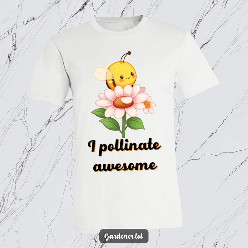 Funny t-shirt showing a character mimicking a busy bee, buzzing with excitement around a blooming flower. Great funny gift for gardeners.