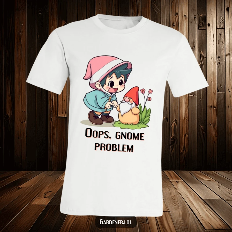 Funny t-shirt depicting a character comically tripping over a garden gnome, eyes wide with surprise. Ideal funny apparel for humor lovers.