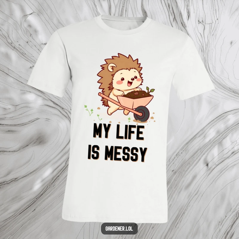 Funny t-shirt featuring a chubby hedgehog character excitedly pushing a wheelbarrow full of soil, ideal for garden lovers seeking humor.