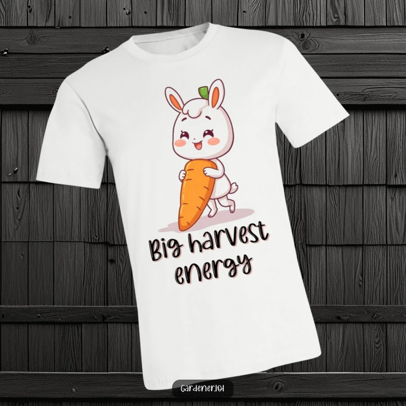 Funny t-shirt featuring a smiling character successfully pulling a surprisingly large carrot from the soil.