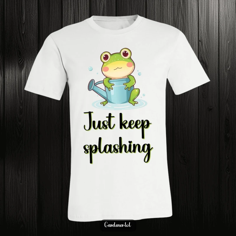 Funny frog watering can t-shirt, a playful cartoon frog character splashing energetically inside a watering can, radiating pure, wet joy.
