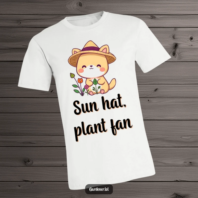 Funny animal character t-shirt wearing a straw hat, delighted by plants, perfect for funny gifts.