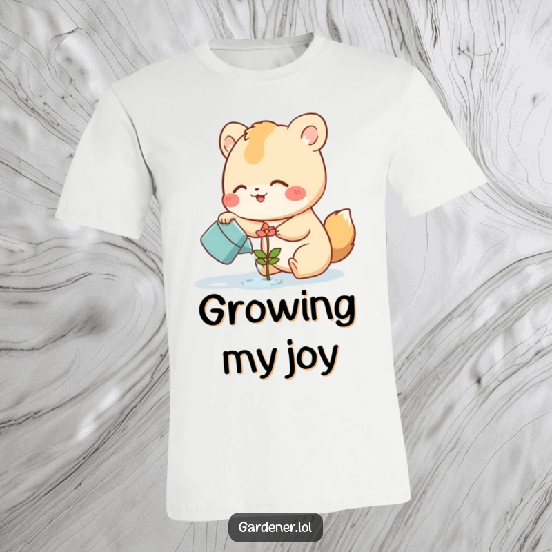 Funny T-Shirt with a cute animal character happily watering a small, smiling flower sprout, promoting growth and cheerful vibes with humor.