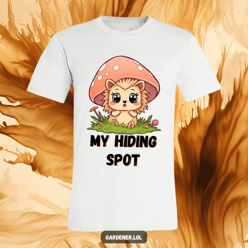 Funny hedgehog t-shirt showing a surprised animal peeking from behind a large mushroom, perfect for lovers of woodland humor.