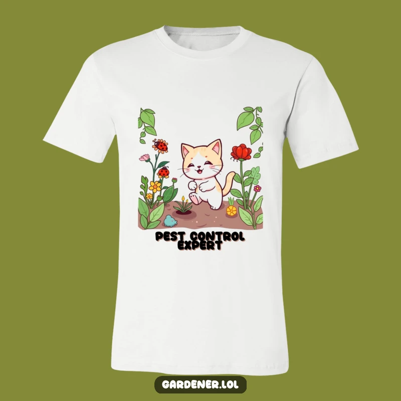 Funny Kawaii Cat Gardener T-Shirt, Playful Ladybug Chase Design, Comfy & Cute Gift
