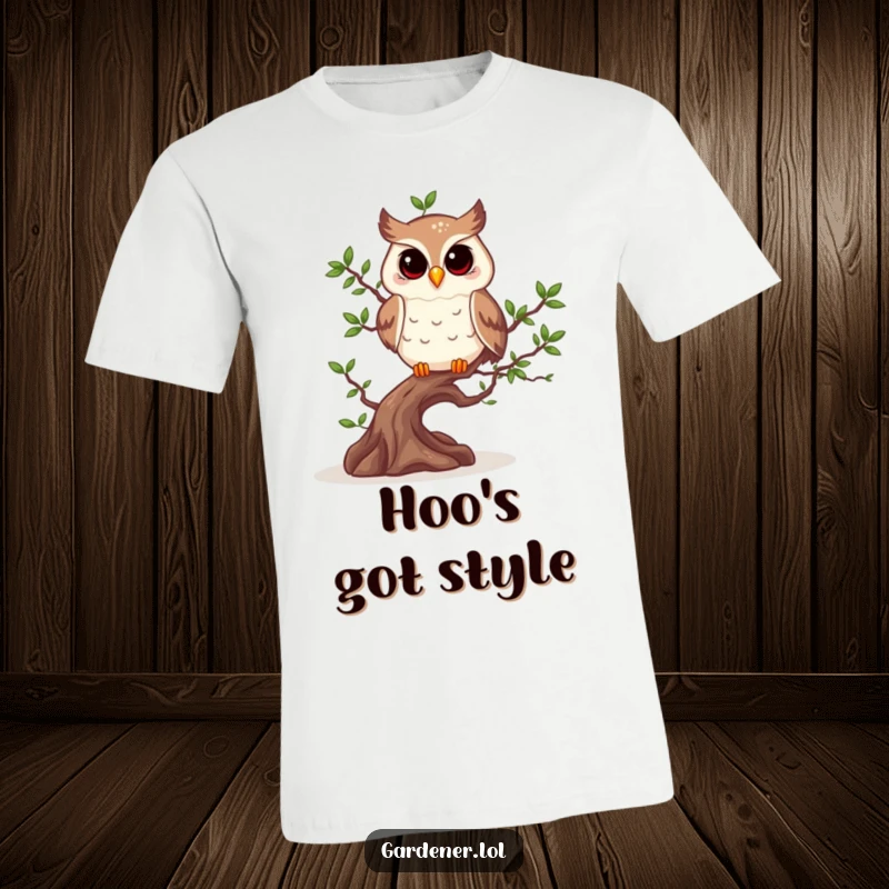 Funny owl character wearing glasses, pruning a miniature bonsai tree, on a humorous t-shirt.