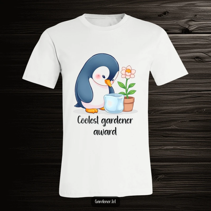 Funny penguin character with wide eyes, carefully tending an ice flower, featured on a t-shirt.