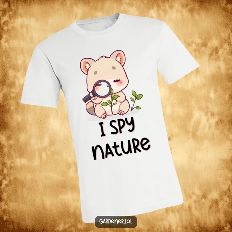 Funny t-shirt with a cute animal character using a magnifying glass to inspect a plant, embodying a curious and enthusiastic personality.