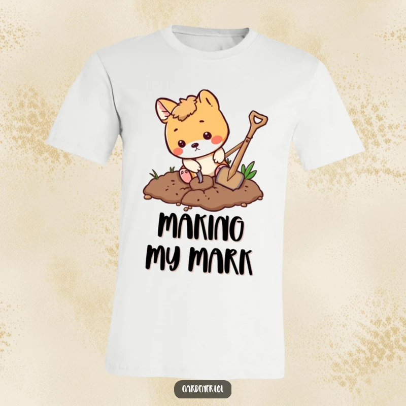 Funny playful animal digging in the dirt with a tiny shovel, cute gardening t-shirt, whimsical outdoor apparel.