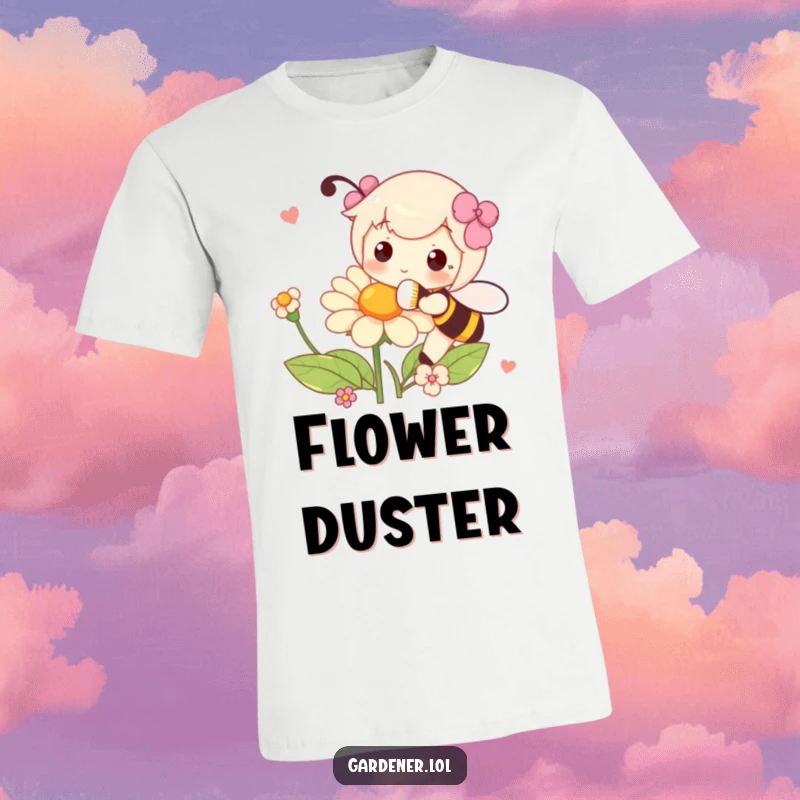 Funny t-shirt of a character playfully pollinating a flower with a fluffy brush, perfect for nature lovers and art enthusiasts.