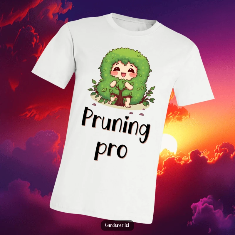 Funny t-shirt of a character gleefully pruning a bush with a focused expression, perfect for gardening humor.