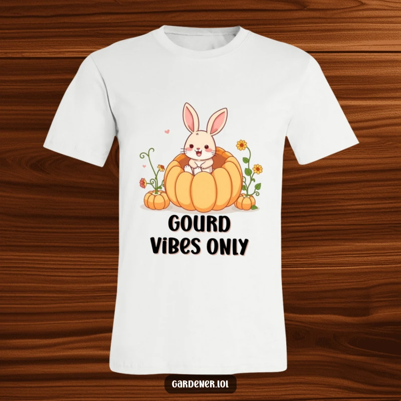 Funny T-Shirt: A cheerful rabbit gardener enthusiastically dives into a massive, sunny pumpkin with pure glee.