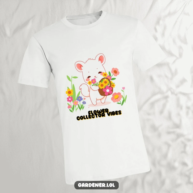Funny t-shirt with a cute animal character happily collecting vibrant flowers in a basket, a scene of joyful nature appreciation.