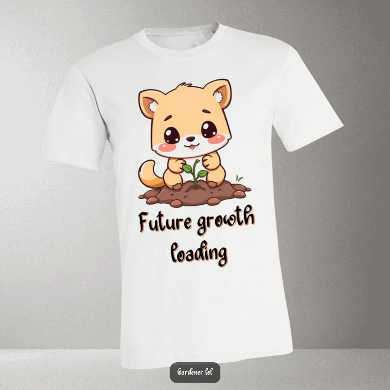 Funny T-shirt depicting a cute animal character with a determined look, happily planting a small seed, ready for growth.