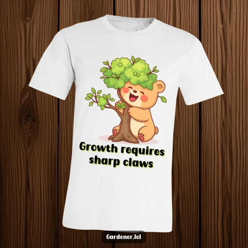 Funny t-shirt with a joyful bear carefully pruning a miniature tree, celebrating calm and gardening.