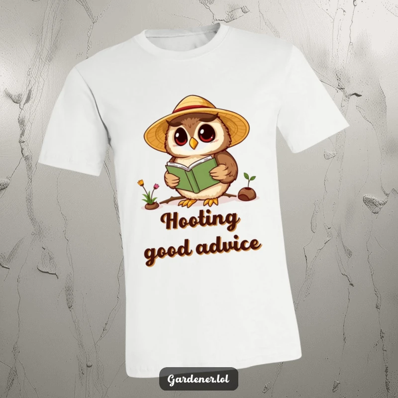 Funny Kawaii owl gardener T-shirt, featuring a wise owl in a straw hat reading a gardening book, a clever and humorous design.