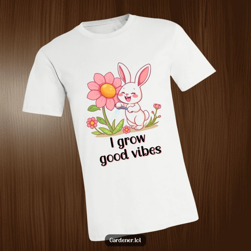 Funny t-shirt with a happy rabbit character gleefully watering a giant, smiling flower, showcasing a love for nature and humor.