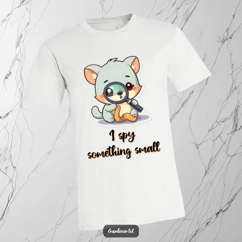 Funny t-shirt featuring a curious animal character using a magnifying glass to closely examine a small worm, highlighting discovery.