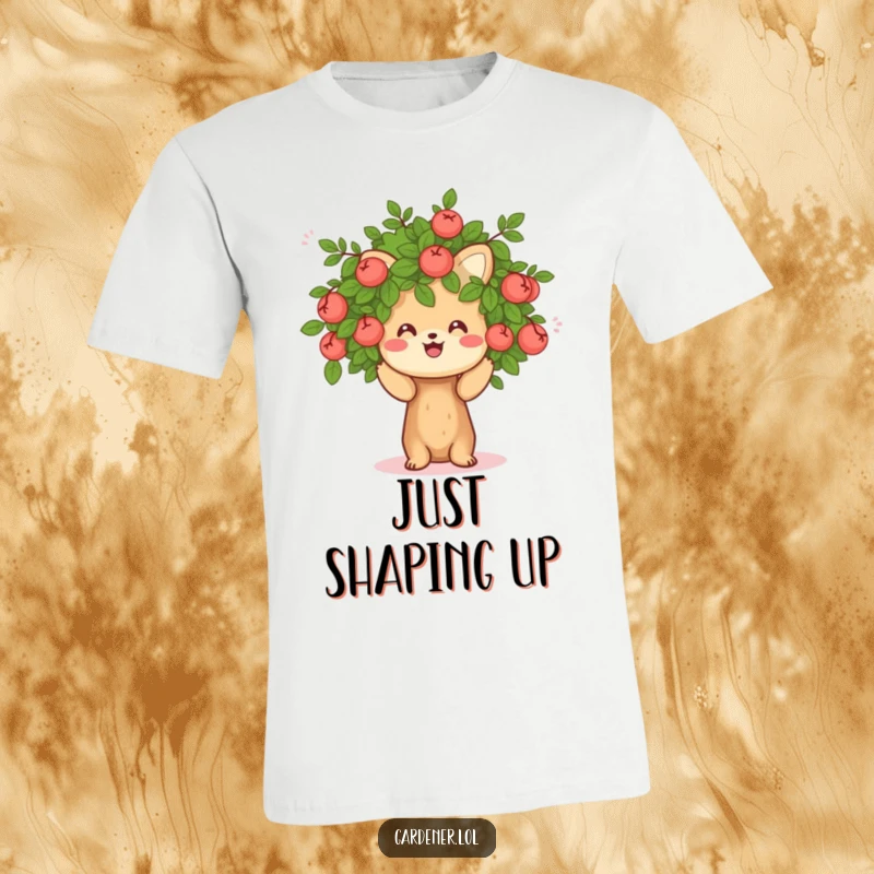 Funny t-shirt featuring a cheerful animal character enthusiastically pruning a small, friendly bush, radiating gardening fun.
