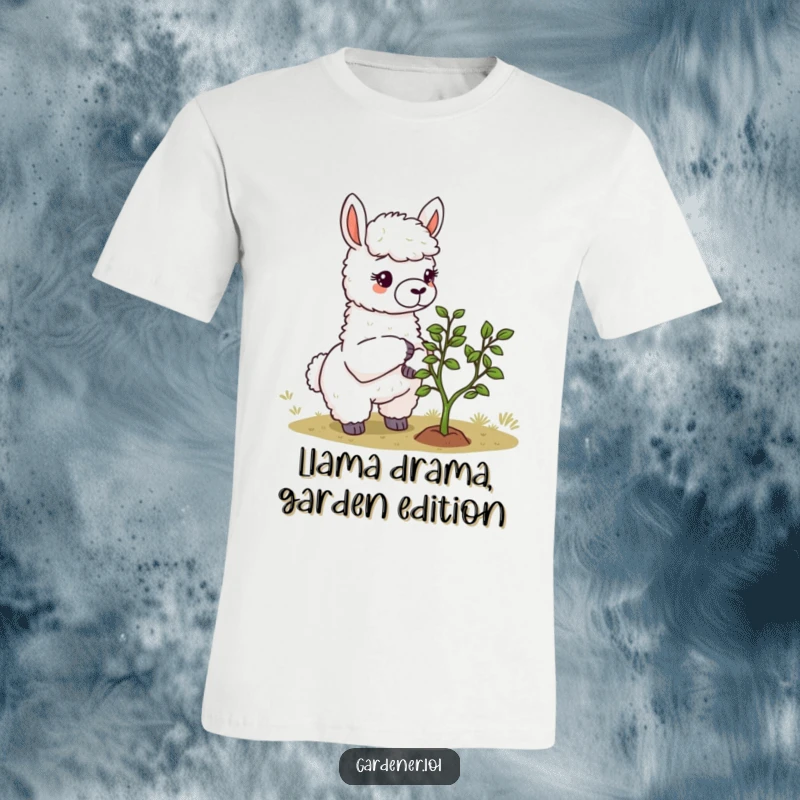 Funny Llama Gardener T-Shirt: A charming llama with gardening tools thoughtfully prunes a miniature tree, embodying peaceful plant care.