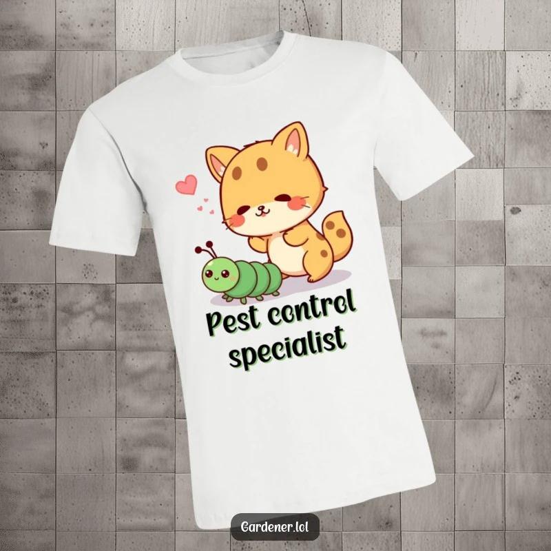 Funny t-shirt with a cute animal character mischievously shooing away a cartoon caterpillar, a scene of playful nature defense.