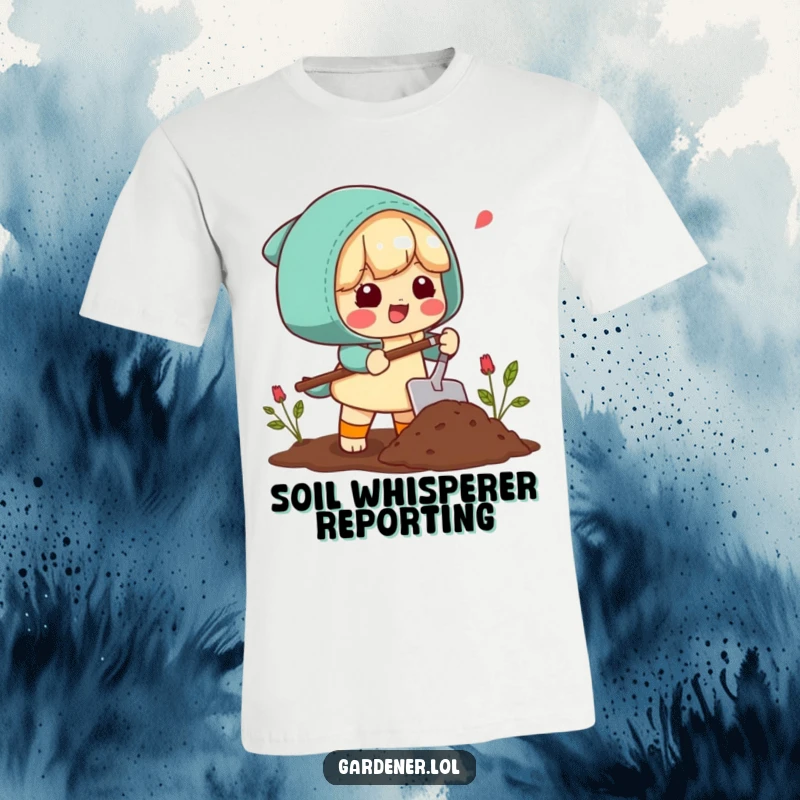 Funny T-Shirt: A character is depicted with a happy sigh, scooping soil with a trowel, celebrating the love of gardening.