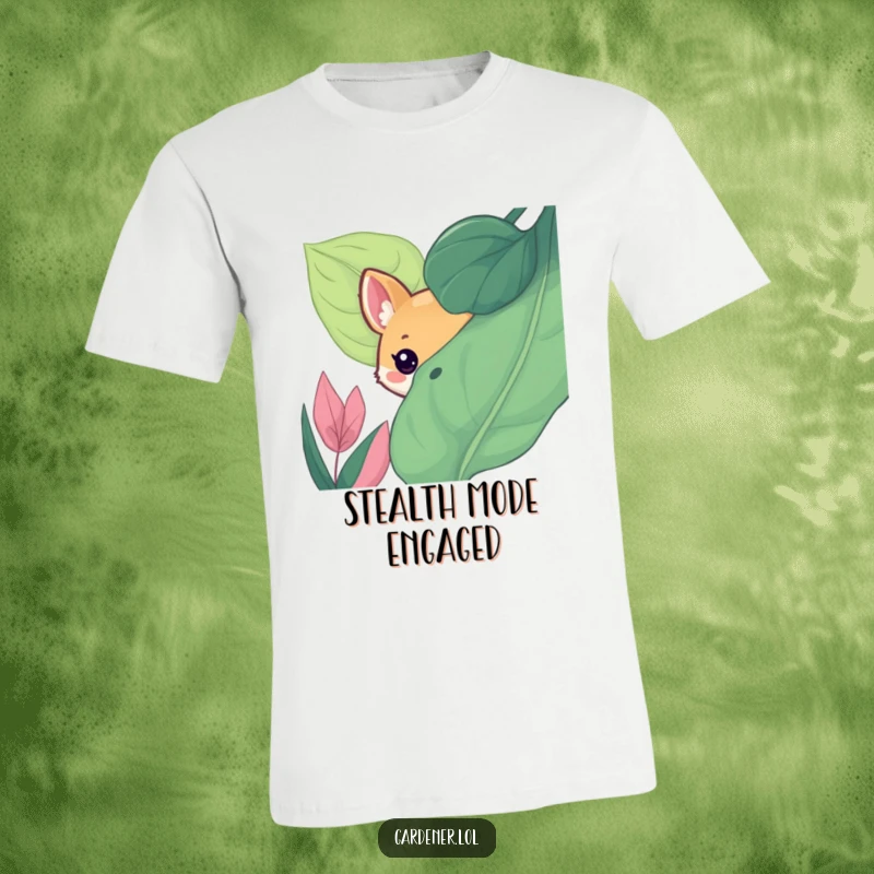 Funny t-shirt with a cute animal character playfully peeking from behind a large, lush leaf, a scene of adorable curiosity.