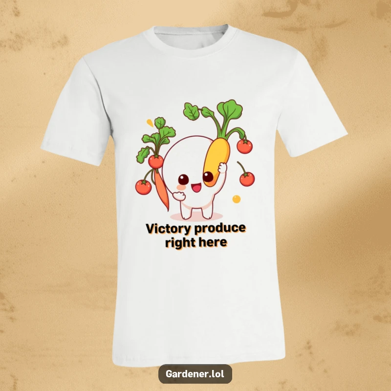 Funny T-Shirt: A cheerful character beams, holding up a large, freshly picked, vibrant vegetable, showcasing the joy of gardening.