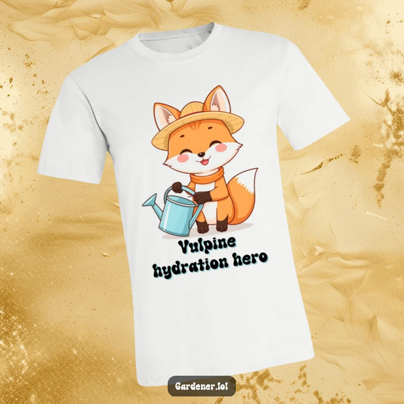Funny fox character in a straw hat holding a watering can, on a humorous t-shirt.