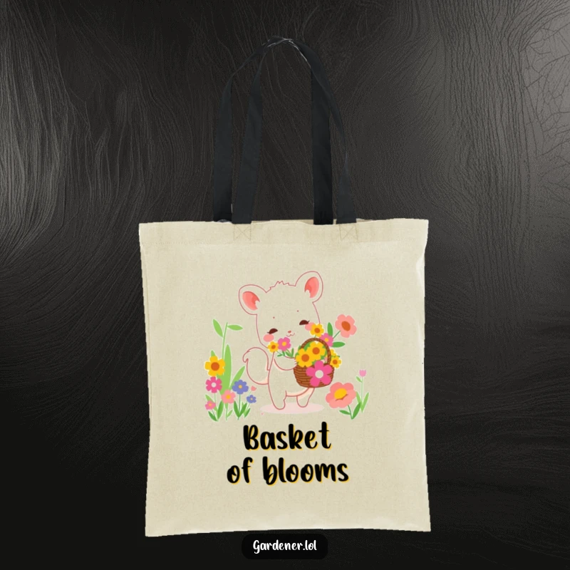 Funny tote bag showing a cute animal character happily collecting vibrant flowers in a basket, a charming scene of nature's bounty.