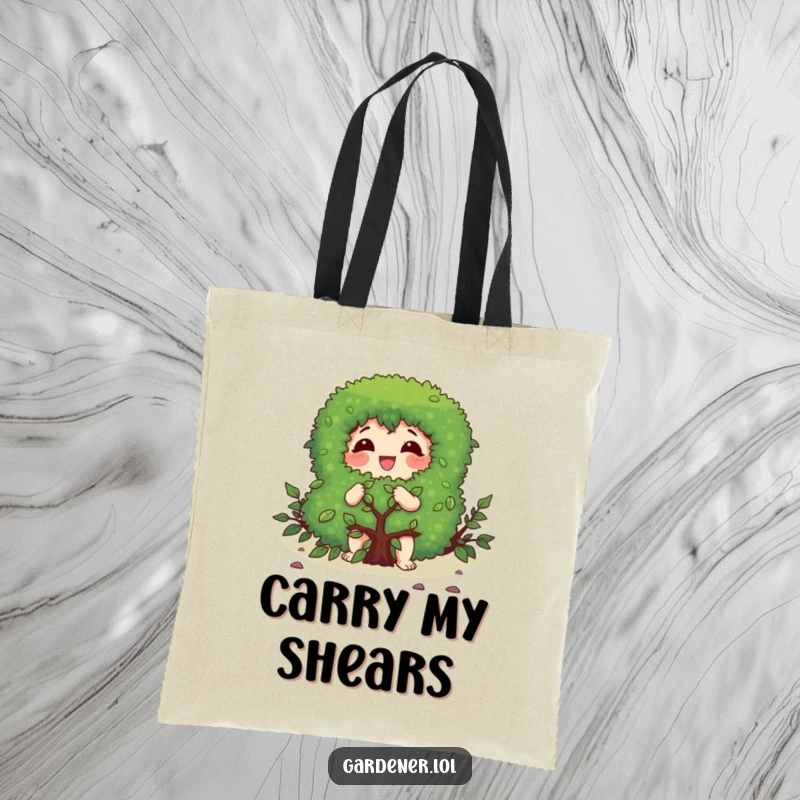 Funny tote bag featuring a character gleefully pruning a bush with a focused expression, perfect for carrying gardening essentials.