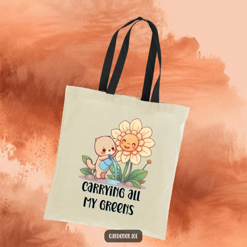 Funny cute animal character watering a large smiling flower, durable canvas tote bag, lovely gardening accessory.