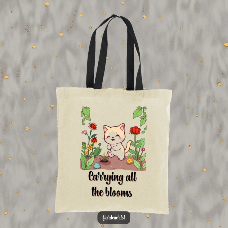 Funny Kawaii cat gardener tote bag, featuring a playful cat chasing a ladybug among plants, a cute and humorous accessory.