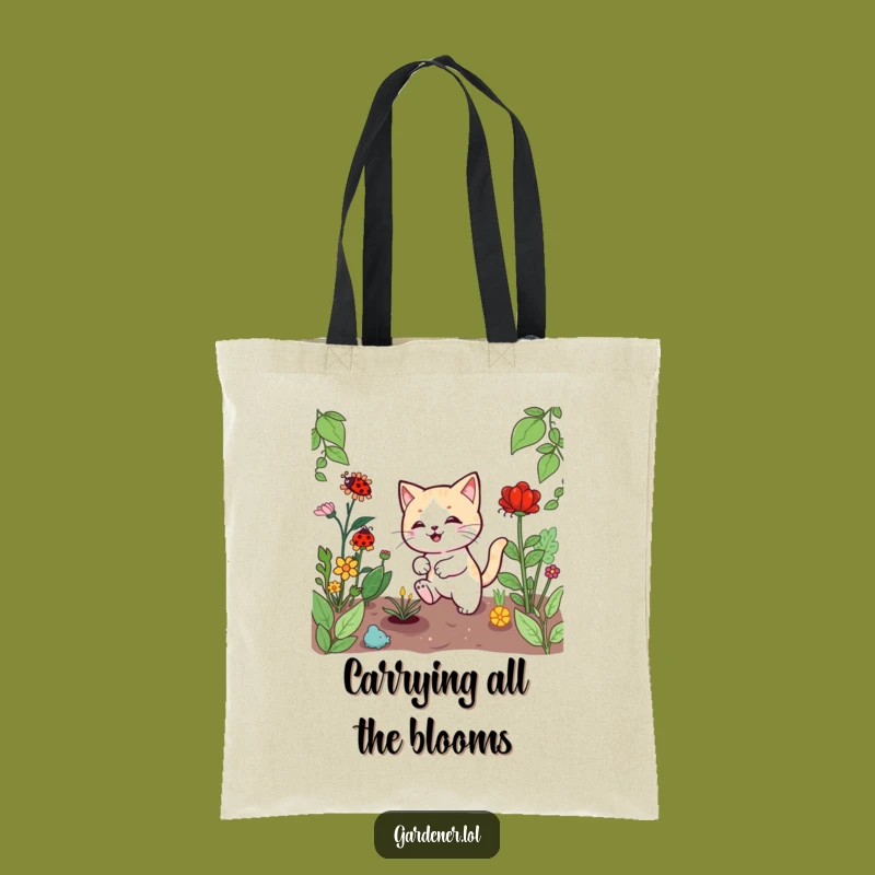 Funny Kawaii Cat Gardener Tote Bag, Playful Ladybug Chase, Stylish & Practical Gift