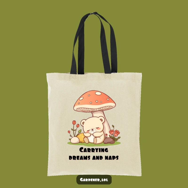 Funny Kawaii Bear Gardener Tote Bag, Sleepy Mushroom Explorer, Practical Gift